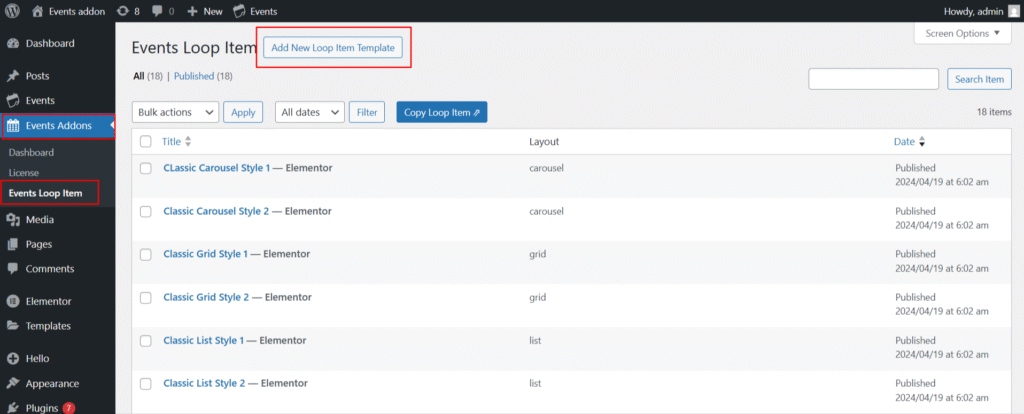 add new loop item template