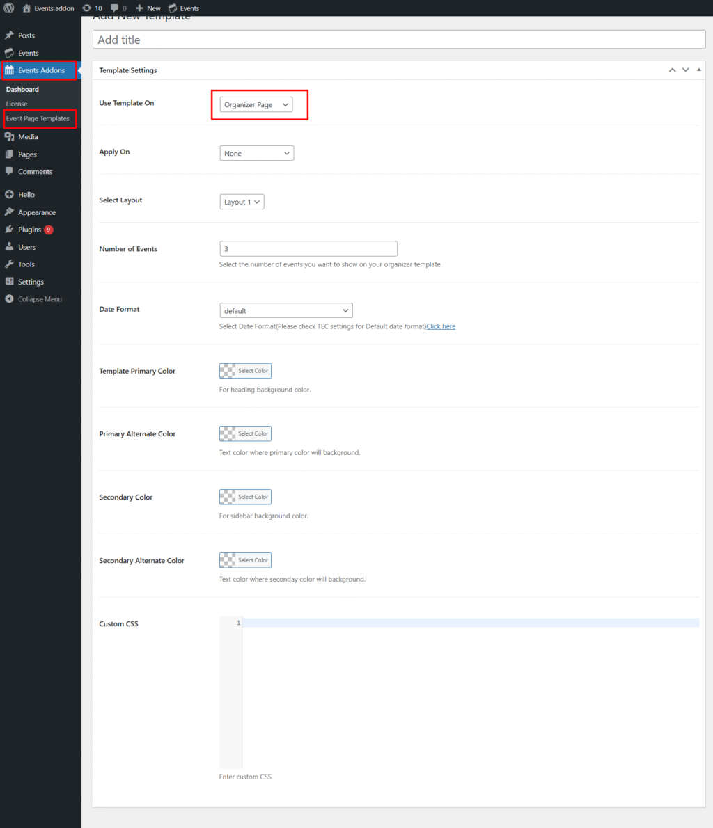 event organizer page non-elementor