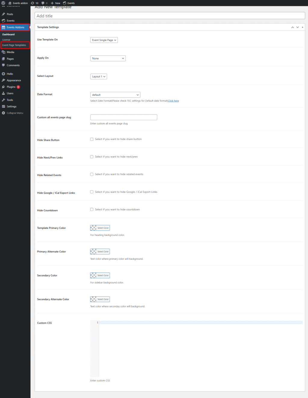 event single page template non elementor