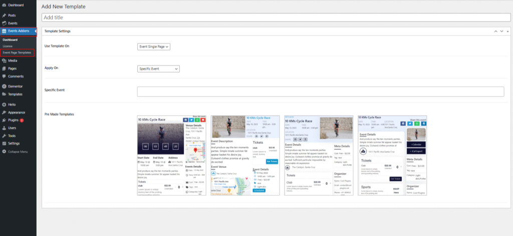 event single page template settings