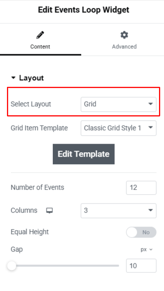 events grid layout