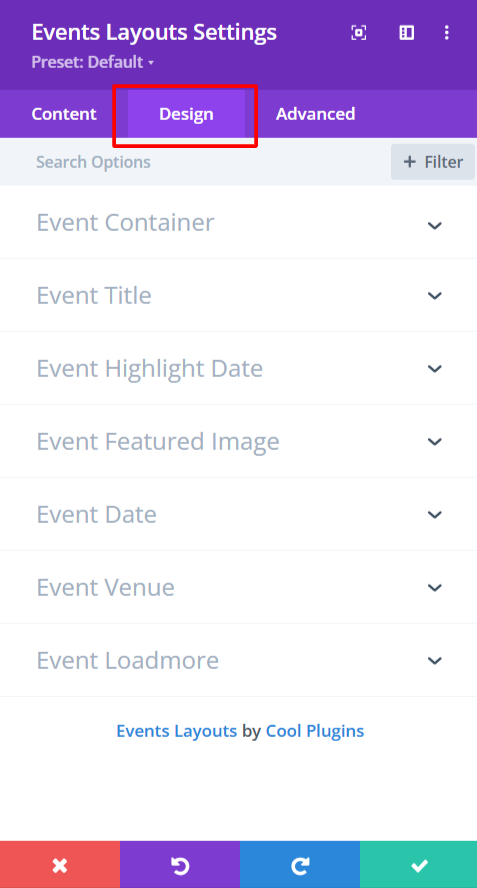events module for divi design settings