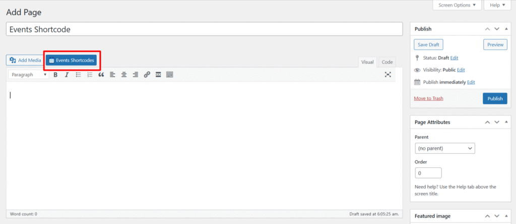 events shortcode classic editor