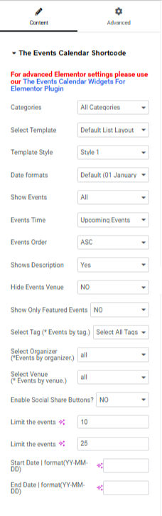 events shortcode elementor settings