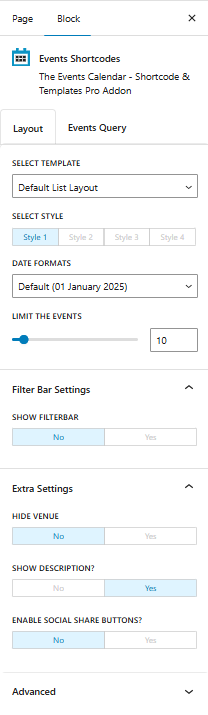 events shortcodes settings gutenberg