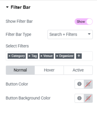 events widgets filter bar