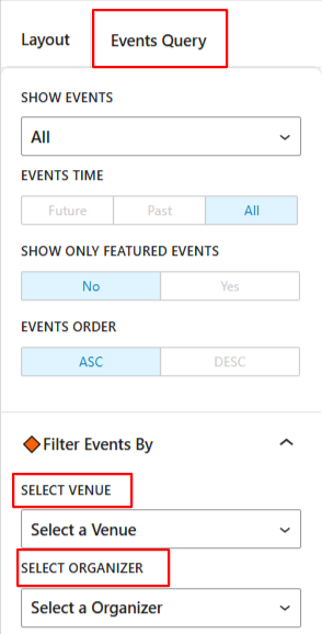 filter by venue and organizer