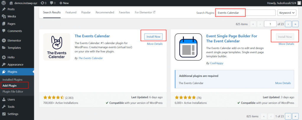 install event single page builder plugin