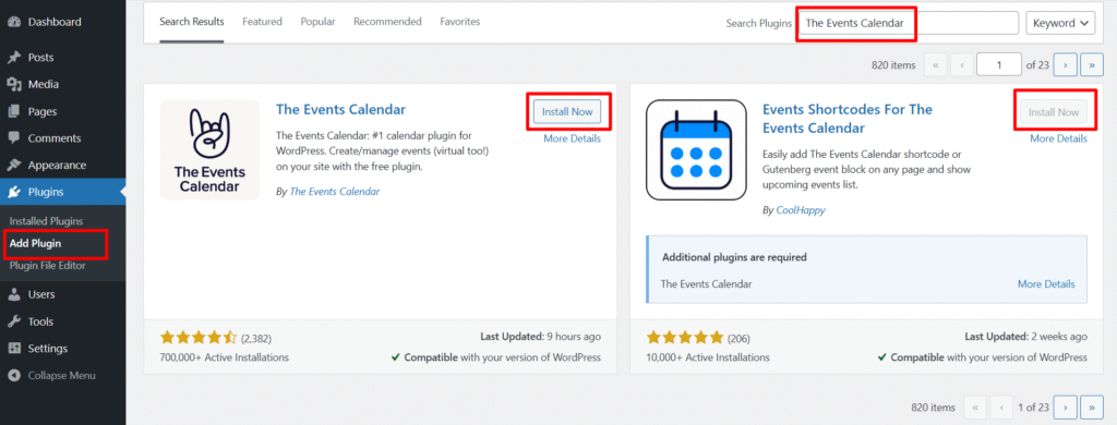 install events calendar and events shortcode