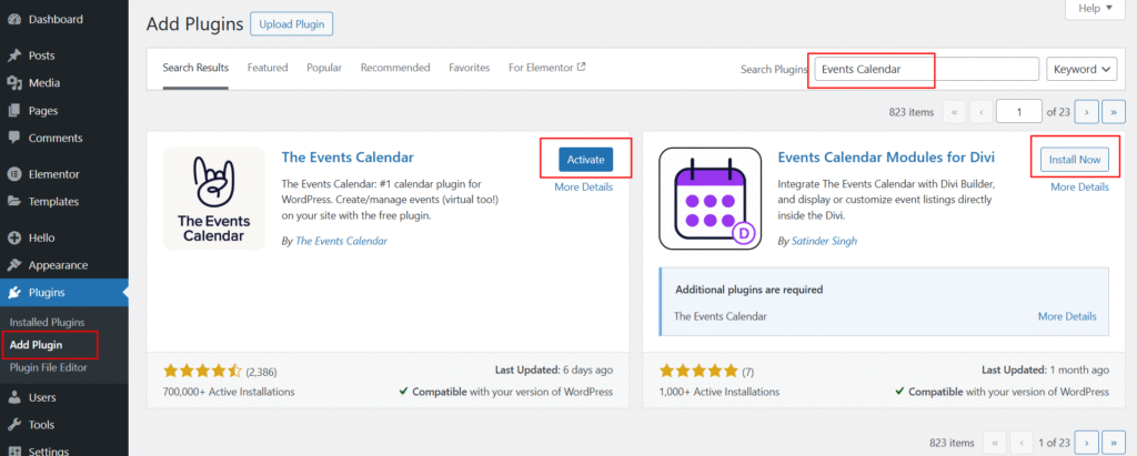 install events calendar modules for divi