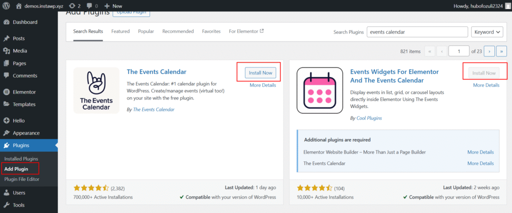 install events widget
