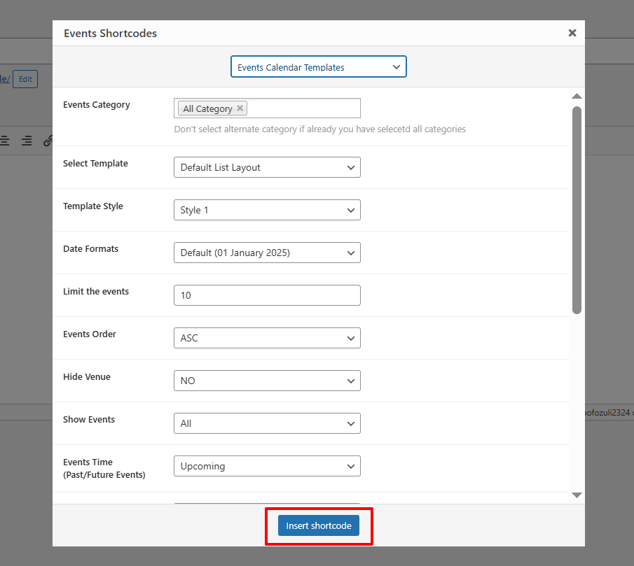 shortcode settings classic editor