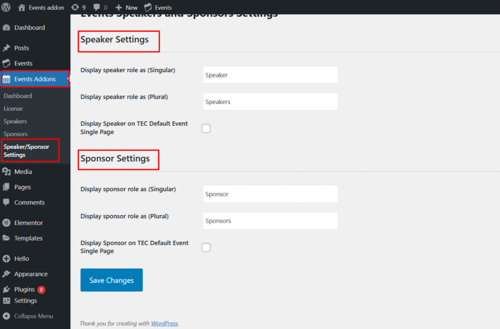 speaker and aponsor settings